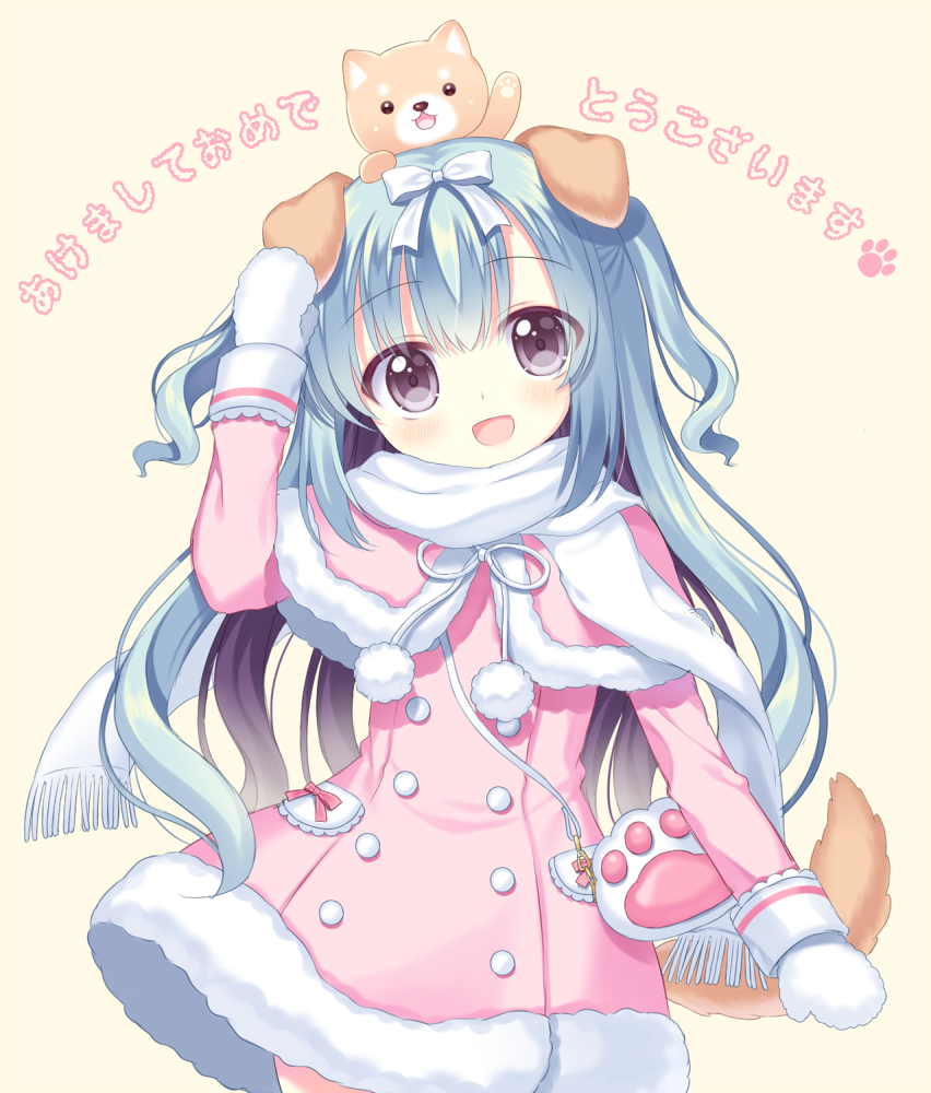 1girl 2018 :d animal animal_ears animal_on_head arm_up bag bangs beige_background blue_hair blush bow coat dog dog_ears dog_girl dog_tail eyebrows_visible_through_hair fringe fur-trimmed_capelet fur-trimmed_coat fur_trim grey_eyes hair_between_eyes hair_bow head_tilt long_hair long_sleeves looking_at_viewer mittens on_head open_mouth original pink_capelet pink_coat pom_pom_(clothes) riria_(happy_strawberry) scarf shoulder_bag sidelocks simple_background smile solo tail translated two_side_up very_long_hair white_bow white_mittens white_scarf year_of_the_dog