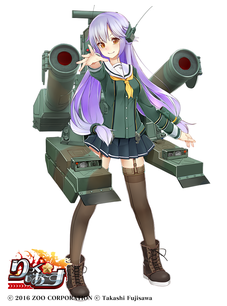 1girl black_skirt boots brown_eyes brown_footwear brown_legwear copyright_name cross-laced_footwear full_body garter_belt ground_vehicle hair_ornament long_hair low-tied_long_hair military military_vehicle motor_vehicle official_art outstretched_hand personification purple_hair radiosity_(yousei) rick_g_earth school_uniform serafuku skirt smile solo standing tank thigh-highs two_side_up watermark