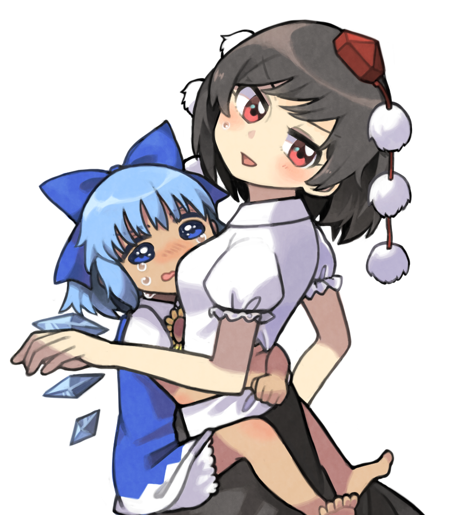 2girls bare_arms barefoot black_hair black_skirt bloomers blue_bow blue_dress blue_eyes blue_hair bow cirno commentary_request crying crying_with_eyes_open dress hair_bow hat hug leg_lock looking_at_viewer multiple_girls pom_pom_(clothes) puffy_short_sleeves puffy_sleeves red_eyes sasa_kichi shaft_look shameimaru_aya short_dress short_sleeves simple_background skirt sweatdrop tan tanned_cirno tears tokin_hat touhou underwear white_background