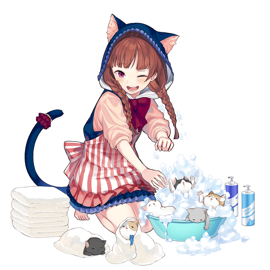 1girl animal_ears barefoot bath blush braid brown_hair bubble_bath cat cat_ears cat_tail container hood long_hair official_art open_mouth red_eyes skirt sleeves_past_elbows solo splashing squatting tail tail_ring towel transparent_background twin_braids uchi_no_hime-sama_ga_ichiban_kawaii wednesday_(uchi_no_hime-sama) wince