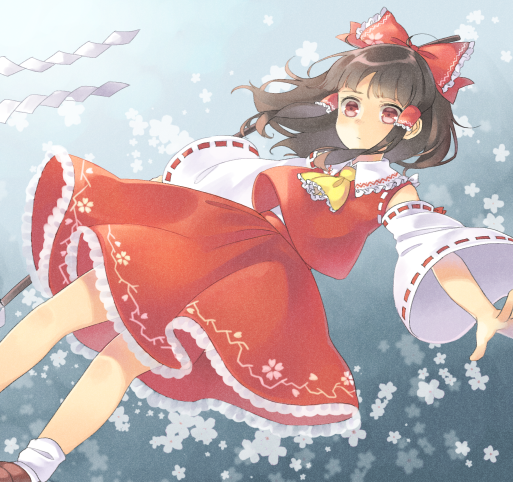 1girl ascot bangs blunt_bangs bow brown_footwear brown_hair closed_mouth detached_sleeves dutch_angle feet_out_of_frame hair_bow hakurei_reimu holding looking_at_viewer outstretched_arms red_bow red_eyes red_skirt red_vest sasa_kichi shoes skirt socks solo spread_arms touhou vest white_legwear wing_collar yellow_neckwear