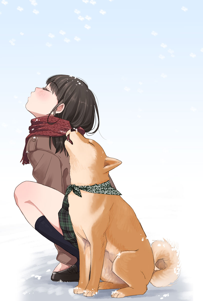 1girl animal black_hair black_legwear blush closed_eyes dog highres jacket kneehighs long_hair musco original scarf shiba_inu skirt snow snowing