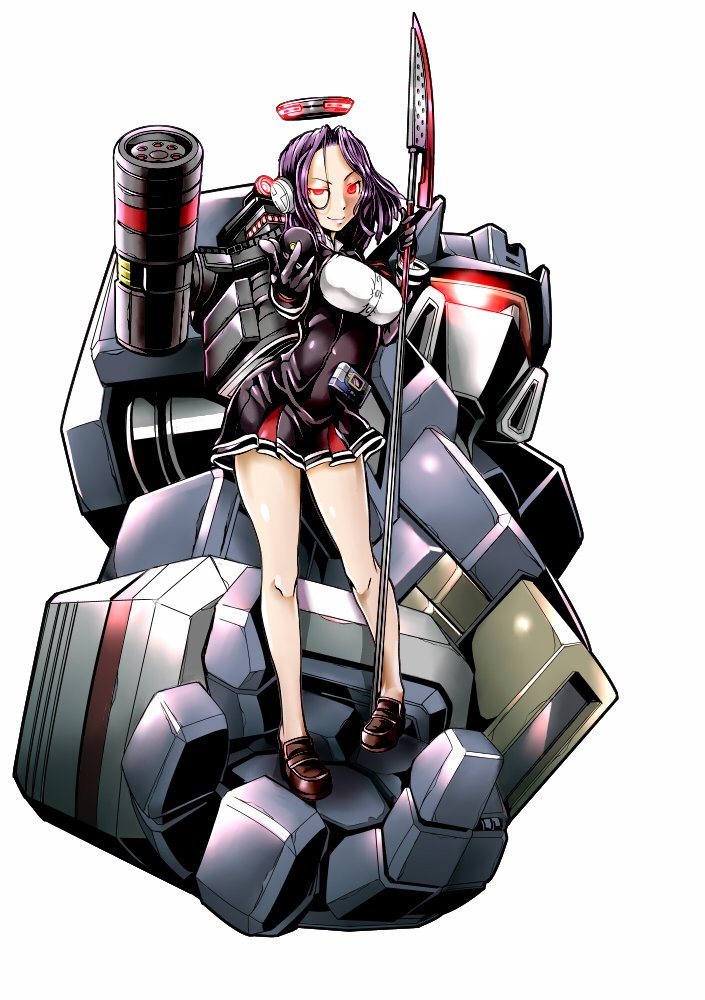 1boy 1girl 80s breasts cannon crossover decepticon full_body glaive gloves glowing glowing_eyes hair_intakes holding kamizono_(spookyhouse) kantai_collection large_breasts looking_at_viewer mechanical_halo oldschool personification polearm purple_hair red_eyes school_uniform short_hair simple_background smile soundwave standing tatsuta_(kantai_collection) transformers turret twitter_username uniform upper_body weapon white_background