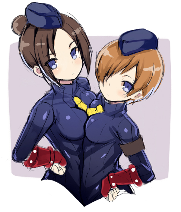 2girls between_breasts blue_eyes blue_hat blue_leotard bow breast_press breasts brown_hair elbow_gloves fingerless_gloves garrison_cap gloves hair_bow hair_over_one_eye hands_on_hips hat juli juni kurasuke leotard looking_at_viewer looking_up medium_breasts multiple_girls necktie necktie_between_breasts red_gloves short_hair sidelocks street_fighter symmetrical_docking yellow_neckwear