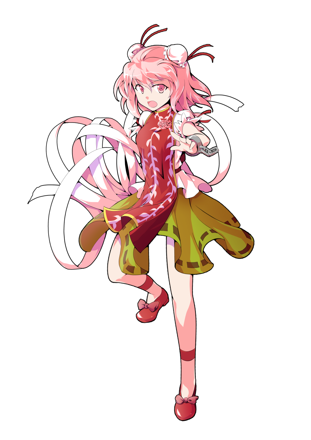 1girl amputee bandage bangs bow breasts bun_cover chains cuffs dairi double_bun eyebrows eyebrows_visible_through_hair flower full_body green_skirt hair_between_eyes highres ibaraki_kasen leg_up legband medium_breasts miniskirt open_mouth pink_bow pink_eyes pink_flower pink_hair pink_rose platform_footwear puffy_short_sleeves puffy_sleeves red_footwear rose shirt shoes short_hair short_sleeves simple_background skirt solo standing standing_on_one_leg tabard tongue touhou transparent_background turtleneck white_shirt