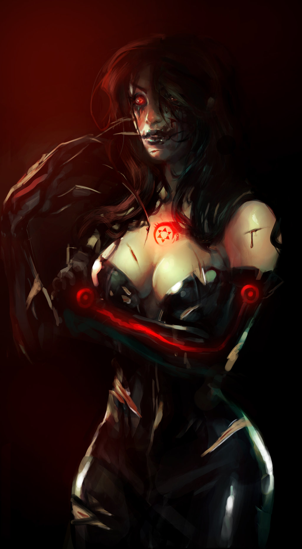 1girl black_dress black_gloves black_hair black_lips bleeding blood breasts cleavage commentary cowboy_shot dark_background dress elbow_gloves fingernails fullmetal_alchemist gloves glowing glowing_eyes glowing_markings hair_over_one_eye hexagram highres injury leo_morg long_fingernails long_hair lust medium_breasts parted_lips red_eyes solo star_of_david tears teeth torn_clothes