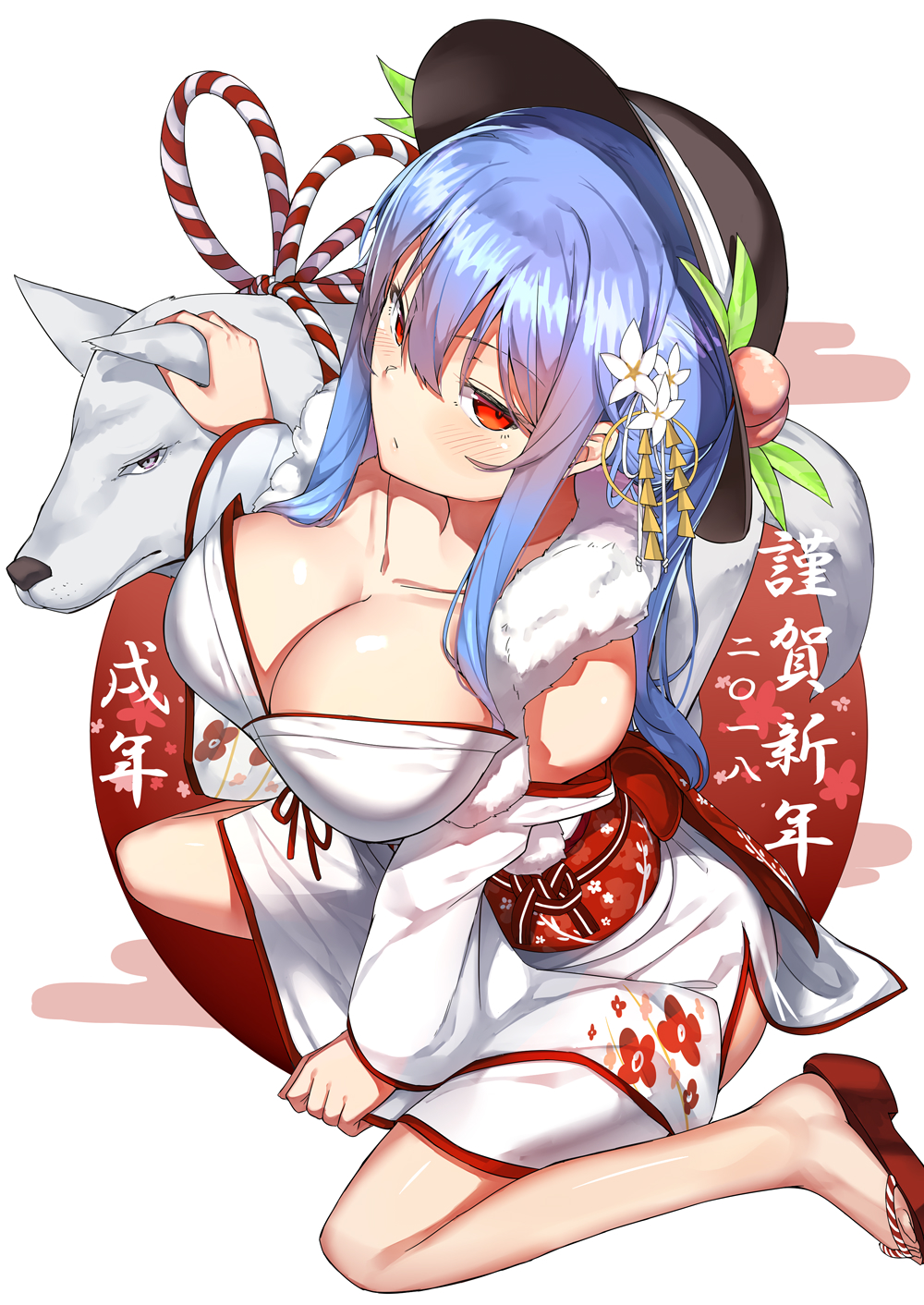 1girl 2018 animal barefoot black_hat blue_hair blush breasts cleavage dog floral_print flower food from_above fruit full_body hair_between_eyes hair_flower hair_ornament hat highres hinanawi_tenshi japanese_clothes kimono large_breasts long_hair looking_at_viewer neropaso obi peach petting red_eyes rope sandals sash sitting solo touhou wariza white_background white_kimono