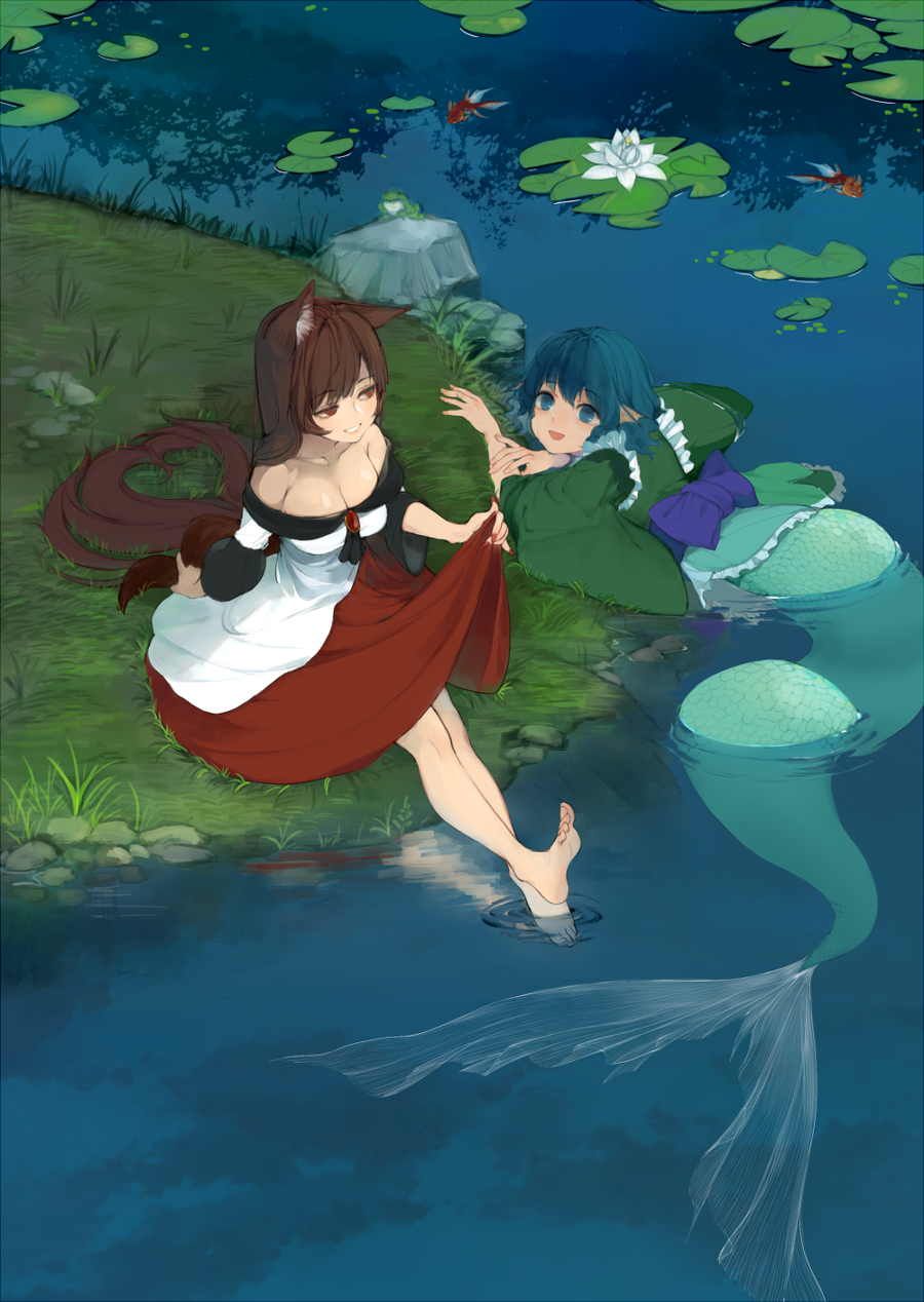 2girls animal_ears bare_shoulders barefoot blue_eyes blue_hair breasts brooch brown_hair cleavage collarbone dress dress_lift fingernails fish flower frilled_kimono frills frog grass grin head_fins highres imaizumi_kagerou japanese_clothes jewelry kimono lake large_breasts lily_pad long_fingernails long_hair mermaid monster_girl multiple_girls nail_polish obi off_shoulder red_eyes rock sash sitting smile soaking_feet tail thy456 touhou very_long_hair wakasagihime water wolf_ears wolf_tail