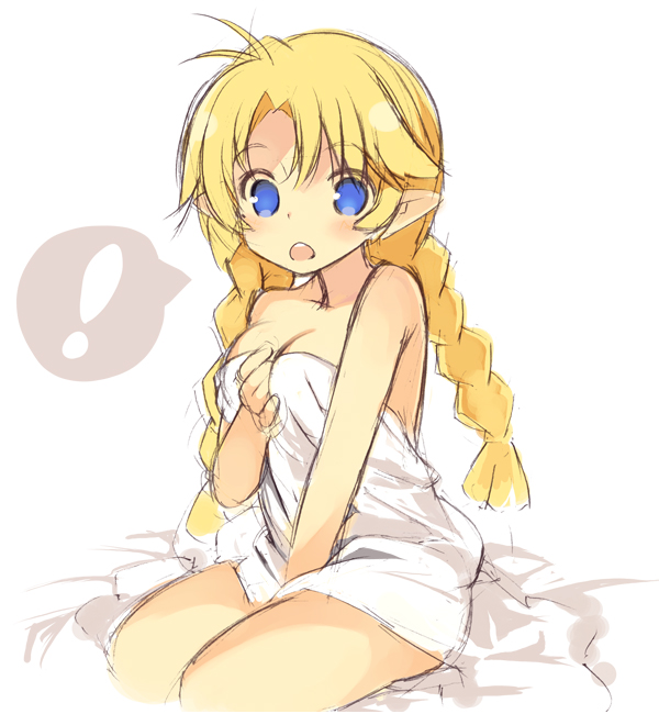 ! 1girl :o bangs bed_sheet blonde_hair blue_eyes blush braid breasts cleavage copyright_request elf eyebrows_visible_through_hair hair_between_eyes kurasuke long_hair looking_at_viewer low_twintails medium_breasts naked_sheet on_bed open_mouth pointy_ears sitting sketch solo spoken_exclamation_mark twin_braids twintails upper_teeth very_long_hair