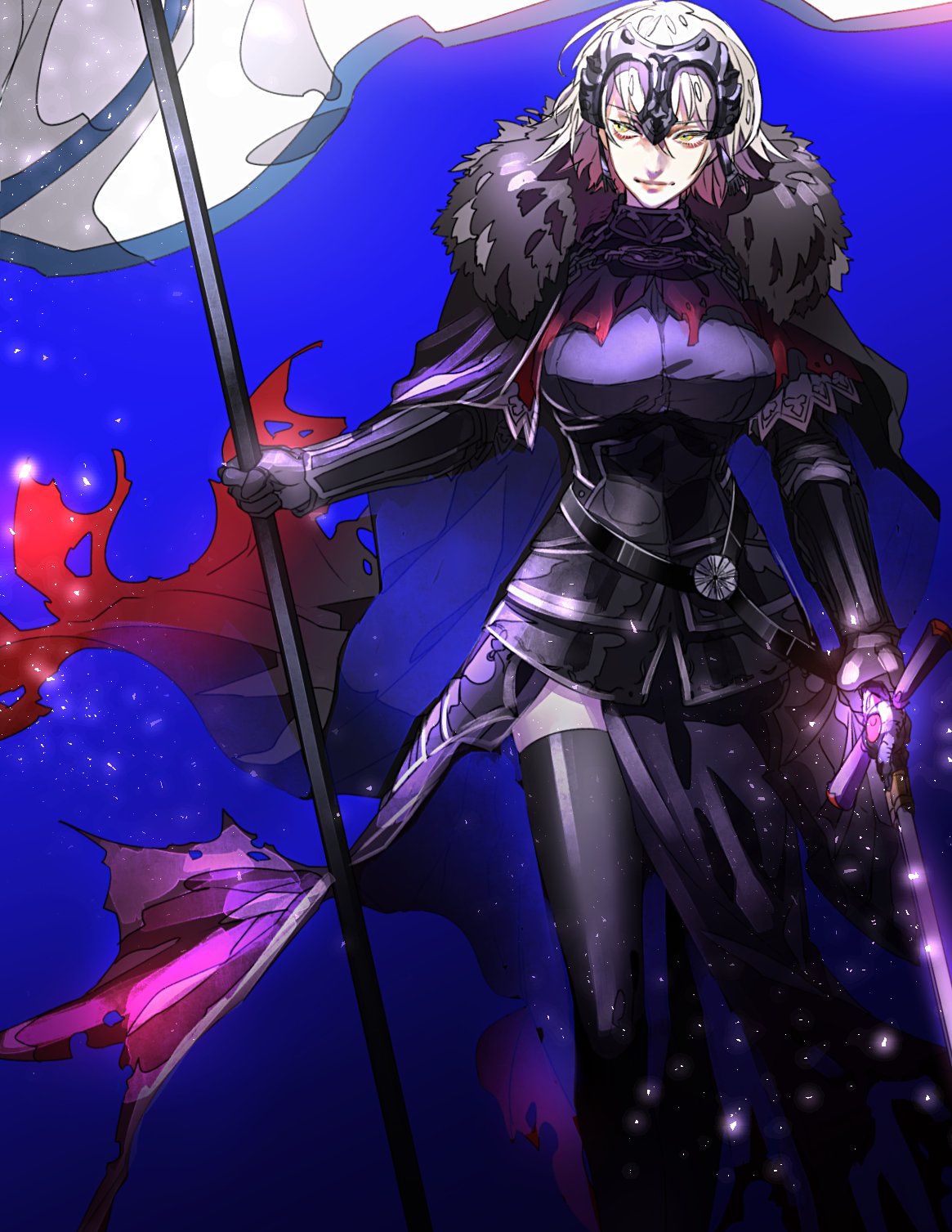 1girl armor armored_dress banner blonde_hair cape fate/apocrypha fate_(series) flag fur_collar gauntlets headpiece highres holding holding_sword holding_weapon jeanne_d'arc_(alter)_(fate) jeanne_d'arc_(fate)_(all) short_hair sword thigh-highs weapon yosi135