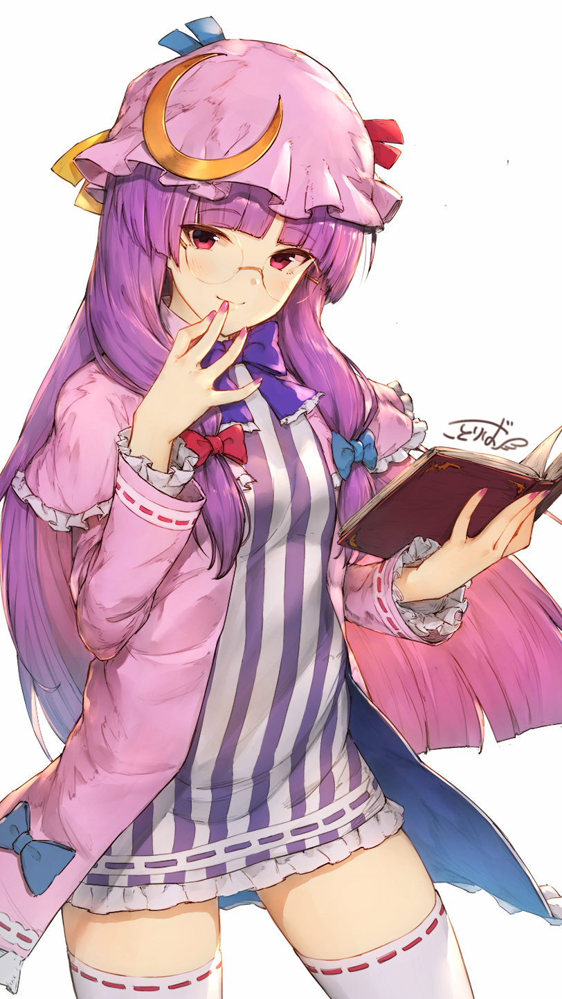 1girl bangs blue_bow blunt_bangs book bow bowtie capelet closed_mouth crescent crescent_moon_pin dress glasses gradient_hair hair_bow hat hat_ribbon highres holding holding_book kotoribako long_hair long_sleeves looking_at_viewer multicolored_hair nail_polish patchouli_knowledge pink_eyes pink_hair pink_hat pink_nails purple_hair purple_neckwear red_bow ribbon ribbon-trimmed_legwear ribbon_trim short_dress simple_background smile solo striped striped_dress thigh-highs touhou very_long_hair white_background white_legwear