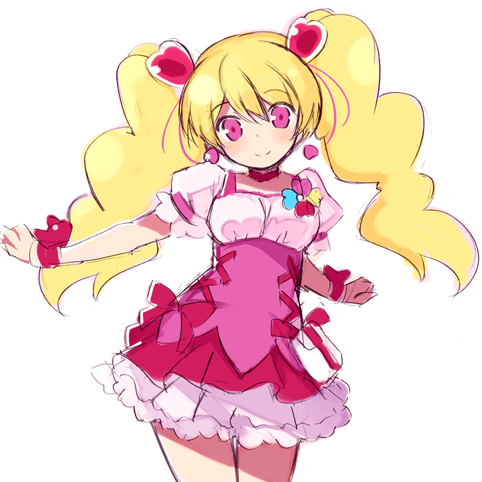 1girl bangs blonde_hair blush choker closed_mouth cowboy_shot cure_peach dress earrings eyebrows_visible_through_hair fresh_precure! hair_between_eyes hair_ornament head_tilt heart heart_earrings heart_hair_ornament jewelry kurasuke long_hair looking_at_viewer momozono_love outstretched_arm pink_dress pink_eyes precure puffy_short_sleeves puffy_sleeves red_choker short_sleeves simple_background smile solo twintails very_long_hair white_background wrist_cuffs