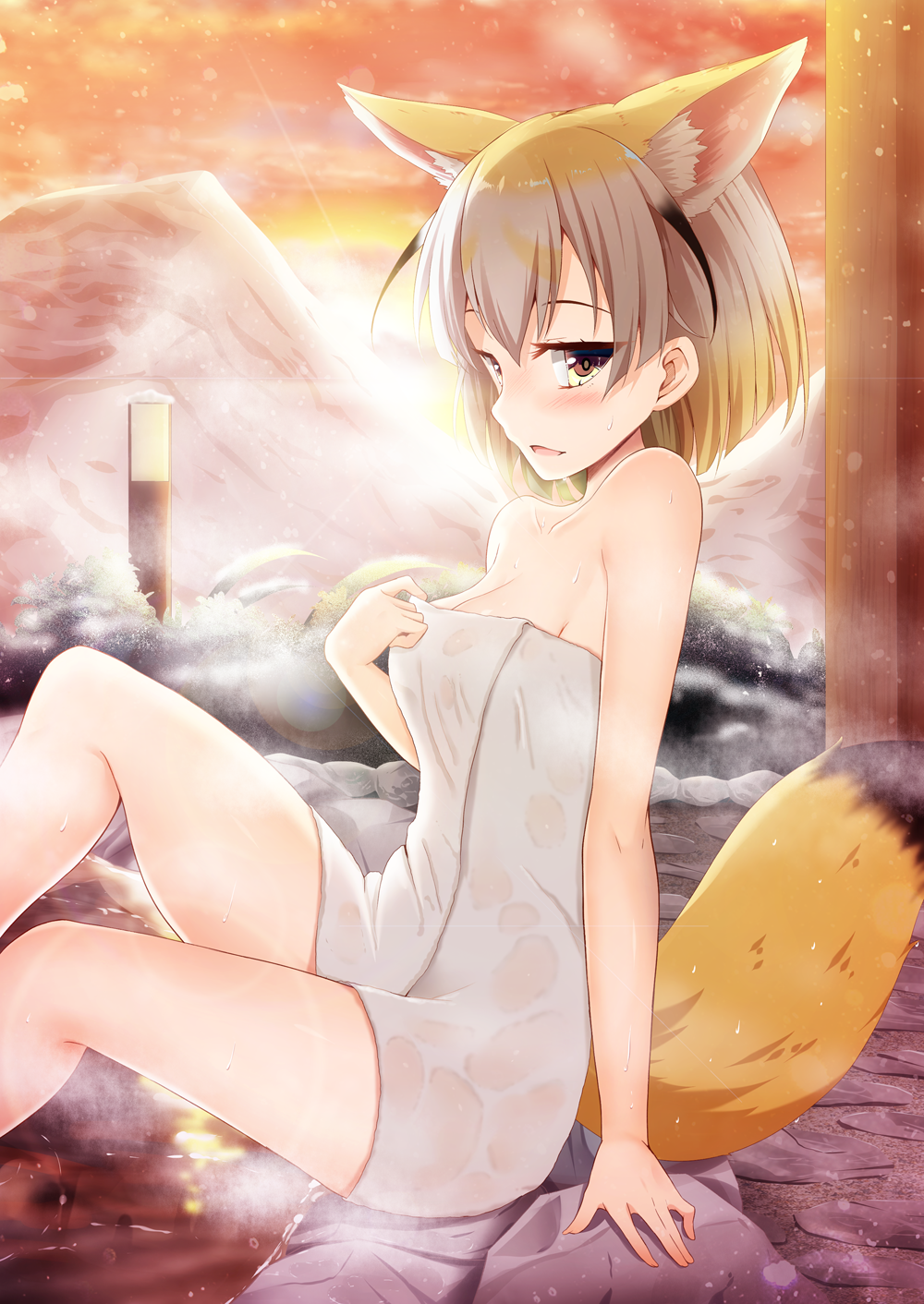 1girl akine_(kuroyuri) animal_ears bare_shoulders blonde_hair blush breasts brown_eyes brown_hair cleavage collarbone evening extra_ears fennec_(kemono_friends) fox_ears fox_tail from_side highres holding_towel kemono_friends lens_flare looking_at_viewer medium_breasts mountain multicolored_hair naked_towel onsen open_mouth outdoors see-through short_hair sitting sky snow solo steam tail towel wet wet_towel