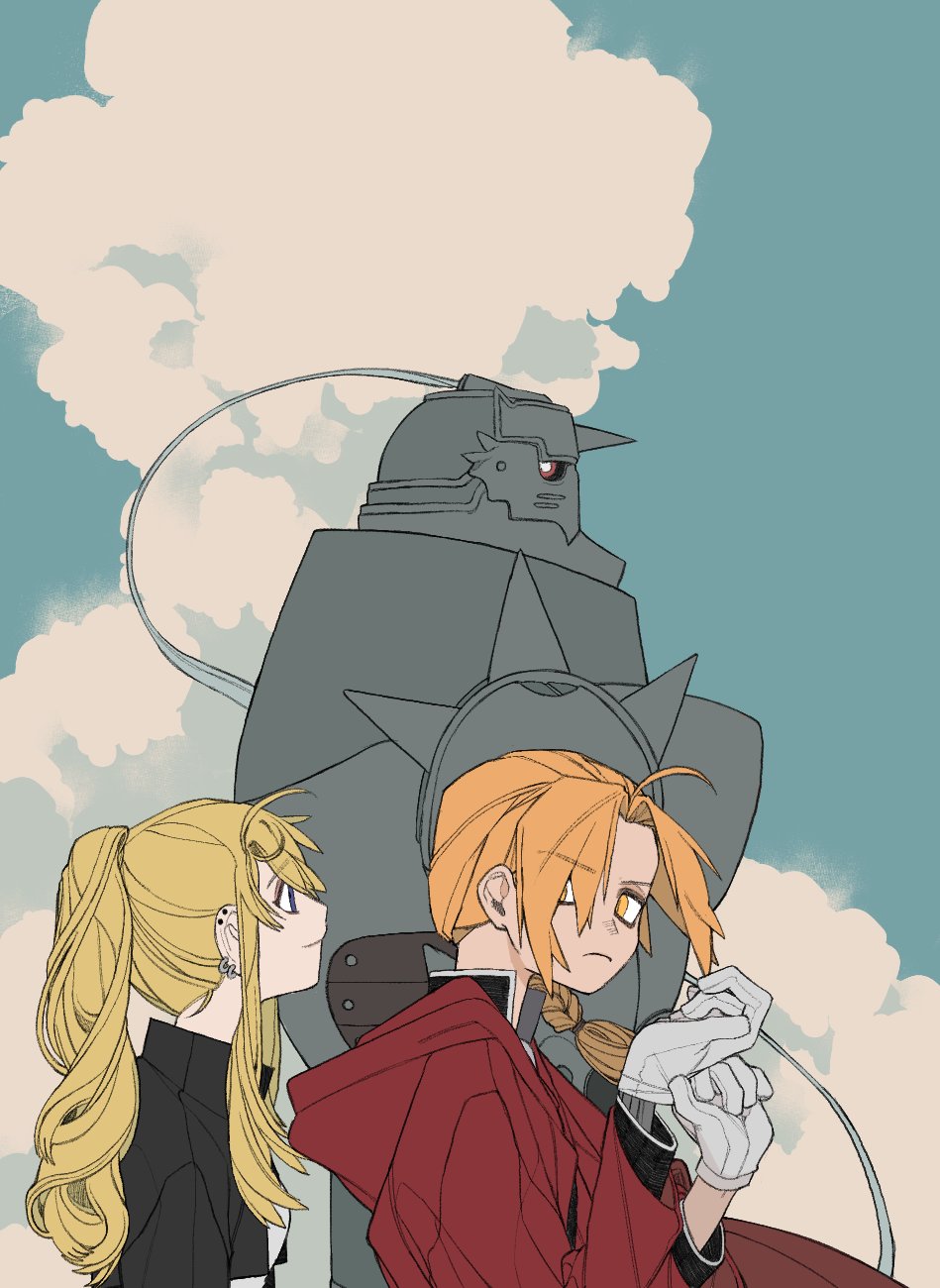 1boy 1girl ahoge alphonse_elric armor artist_request blonde_hair blue_eyes blue_sky braid brothers cloak clouds earrings edward_elric frown fullmetal_alchemist gloves highres hood hooded_cloak jacket jewelry long_hair looking_at_viewer ponytail siblings sky smile winry_rockbell yellow_eyes