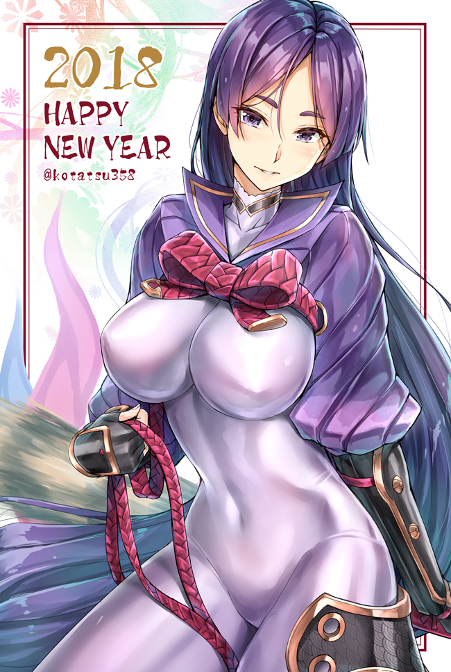 1girl bangs blush bodysuit breasts brown_eyes commentary_request covered_navel fate/grand_order fate_(series) fingerless_gloves gloves happy_new_year kotatsu_(kotatsu358) large_breasts loincloth long_hair looking_at_viewer low-tied_long_hair minamoto_no_raikou_(fate/grand_order) new_year parted_bangs purple_bodysuit purple_hair smile solo twitter_username very_long_hair
