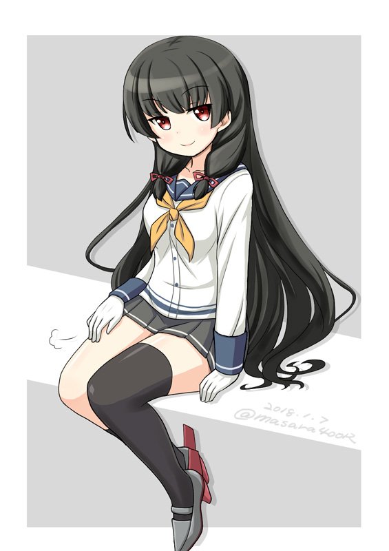 1girl asymmetrical_legwear black_hair black_legwear blue_sailor_collar dated gloves grey_skirt hair_ribbon isokaze_(kantai_collection) kantai_collection long_hair long_sleeves looking_at_viewer masara_(masalucky2010) neckerchief pleated_skirt red_eyes ribbon sailor_collar school_uniform serafuku single_thighhigh sitting skirt smile solo thigh-highs tress_ribbon twitter_username white_gloves yellow_neckwear