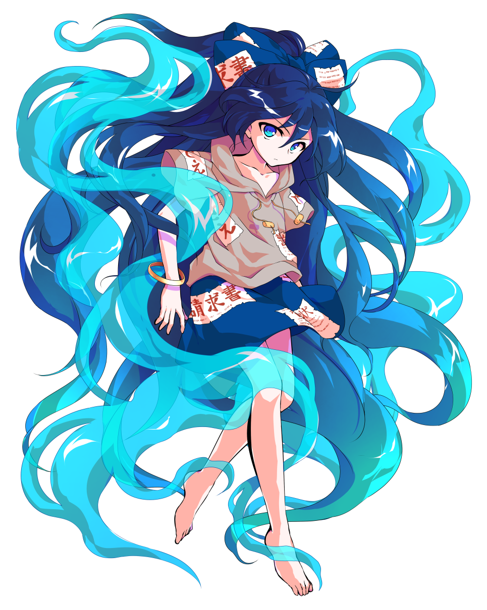 1girl :/ alphes_(style) bangs bare_legs barefoot blue_bow blue_eyes blue_fire blue_hair bow bracelet closed_mouth collarbone dairi eyebrows eyebrows_visible_through_hair facing_away feet fire flat_chest grey_hoodie hair_between_eyes hair_bow highres hood hood_down hoodie jewelry long_hair miniskirt ofuda ofuda_on_clothes parody red_skirt skirt solo style_parody touhou very_long_hair yorigami_shion