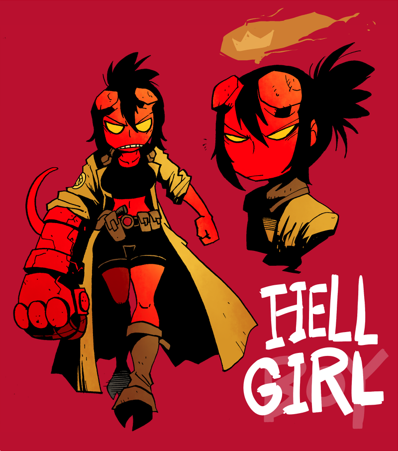 1girl belt bike_shorts black_hair broken_horn demon demon_girl demon_tail fingerless_gloves genderswap genderswap_(mtf) gloves gun hellboy hellboy_(comic) holster hooves horns jacket navel ponytail rariatto_(ganguri) red_skin sidelocks solo standing tail utility_belt weapon yellow_eyes