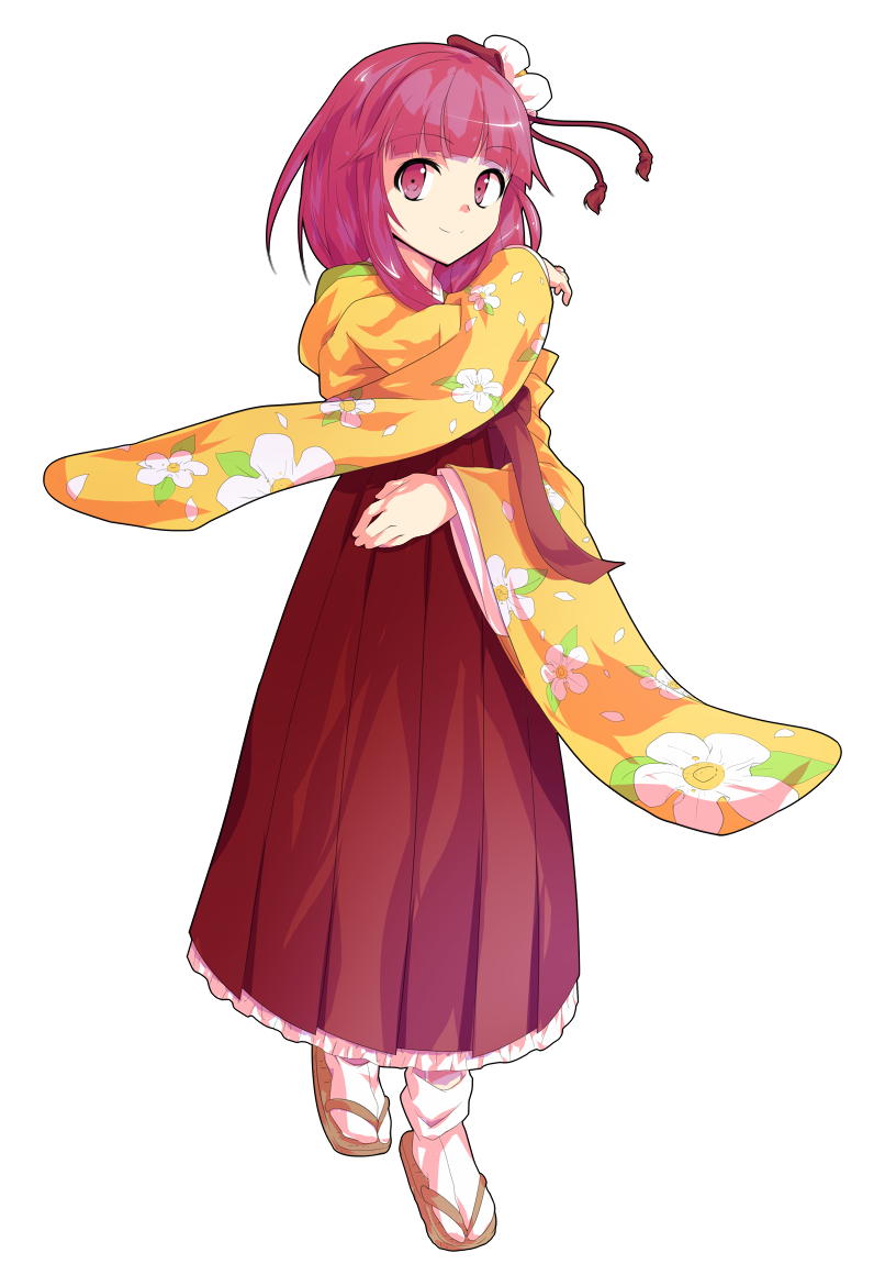 1girl alphes_(style) bangs blunt_bangs bobby_socks bow closed_mouth dairi eyebrows eyebrows_visible_through_hair facing_away floral_print flower frilled_skirt frills full_body hair_flower hair_ornament hakama hakama_skirt haori hieda_no_akyuu high-waist_skirt japanese_clothes long_skirt long_sleeves parody pleated_skirt purple_hair red_bow red_hakama red_skirt short_hair simple_background skirt smile socks solo standing style_parody tabi tareme touhou transparent_background violet_eyes white_legwear wide_sleeves