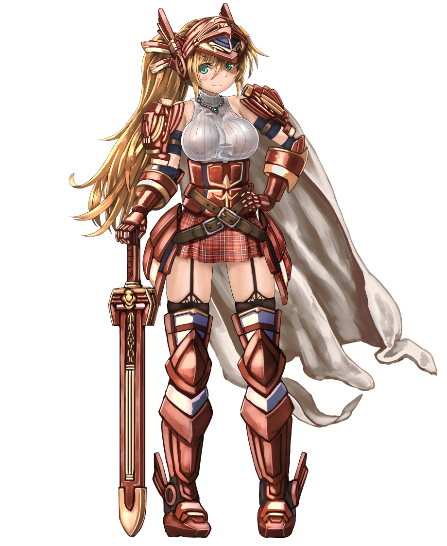 1girl armor black_legwear breasts full_body garter_straps gauntlets greaves green_eyes hand_on_hip helmet jewelry large_breasts long_hair looking_at_viewer necklace original plaid plaid_skirt ponytail red_legwear skirt smile solo sword takahashi_rodemu thigh-highs weapon