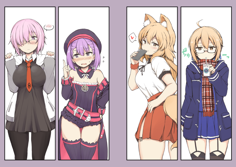 4girls ahoge artoria_pendragon_(all) ass beltskirt black-framed_eyewear blonde_hair blue_skirt blush braid breast_squeeze breasts cellphone coat cup detached_collar detached_sleeves dress drinking_glass duffel_coat eyebrows_visible_through_hair fate/grand_order fate_(series) fox_tail french_braid from_behind garter_straps hair_between_eyes hair_over_one_eye hat heart helena_blavatsky_(fate/grand_order) hip_vent index_finger_raised juice_box large_breasts lockheart long_hair looking_at_viewer looking_back mash_kyrielight multiple_girls mysterious_heroine_x_(alter) necktie nose_blush open_clothes open_coat open_mouth pantyhose phone plaid plaid_scarf purple_hair purple_legwear red_neckwear red_scarf scarf school_uniform semi-rimless_eyewear short_hair skirt smartphone smile spoken_blush spoken_heart strapless strapless_dress suzuka_gozen_(fate) tail under-rim_eyewear violet_eyes yellow_eyes