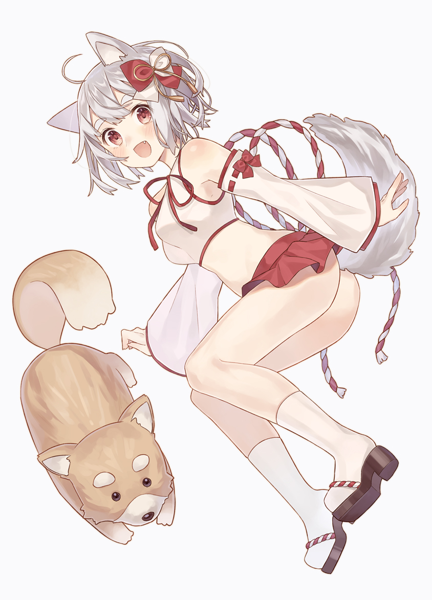 1girl :d ahoge animal animal_ears ass bangs bare_shoulders black_footwear blush breasts commentary_request crop_top detached_sleeves dog dog_ears dog_girl dog_tail eyebrows_visible_through_hair fang grey_background hair_ornament long_sleeves medium_breasts nagitoki nengajou new_year nontraditional_miko open_mouth original pleated_skirt red_eyes red_skirt short_hair silver_hair simple_background skirt sleeveless smile socks solo tail thick_eyebrows white_legwear wide_sleeves year_of_the_dog zouri