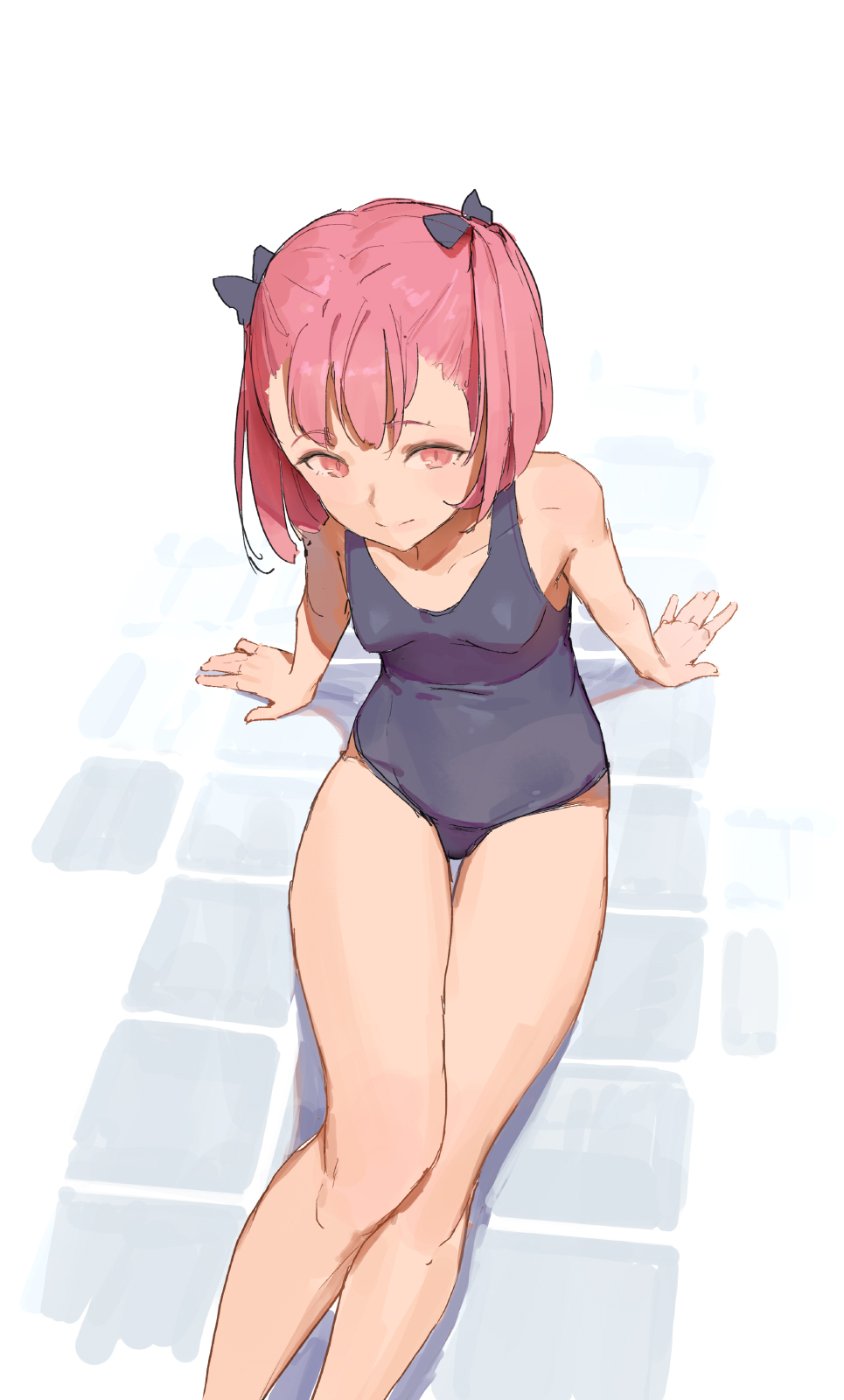 1girl bare_arms bare_legs bare_shoulders blue_swimsuit breasts closed_mouth commentary eyebrows_visible_through_hair fate/grand_order fate_(series) feet_out_of_frame helena_blavatsky_(fate/grand_order) highres long_legs looking_at_viewer one-piece_swimsuit pink_eyes pink_hair short_hair sitting sketch small_breasts solo swimsuit tim_loechner