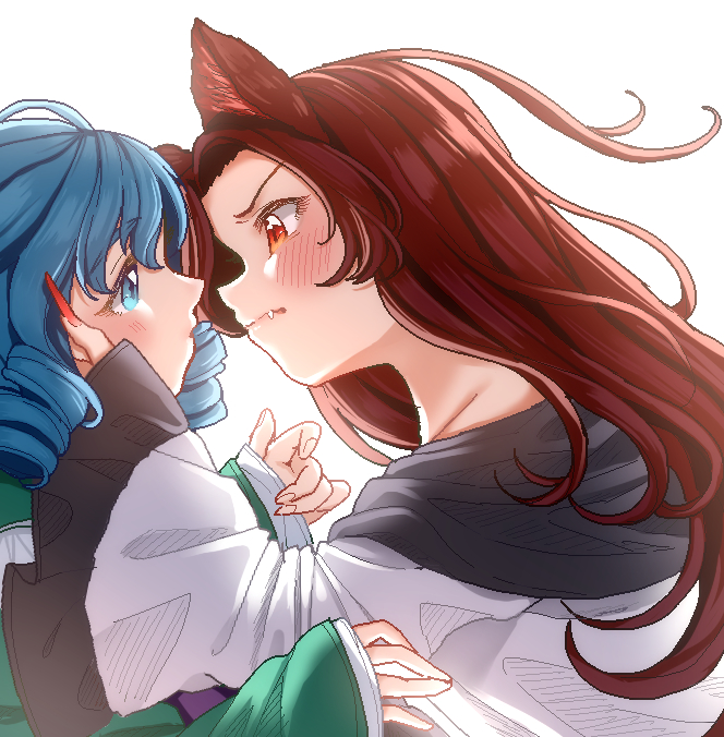 2girls animal_ears blue_eyes blue_hair blush brown_hair drill_hair fang_out fingernails from_side green_kimono hand_on_another's_cheek hand_on_another's_face imaizumi_kagerou japanese_clothes kimono long_fingernails long_hair long_sleeves multiple_girls nail_polish profile red_eyes red_nails satomachi simple_background touhou twin_drills upper_body wakasagihime white_background wolf_ears yuri
