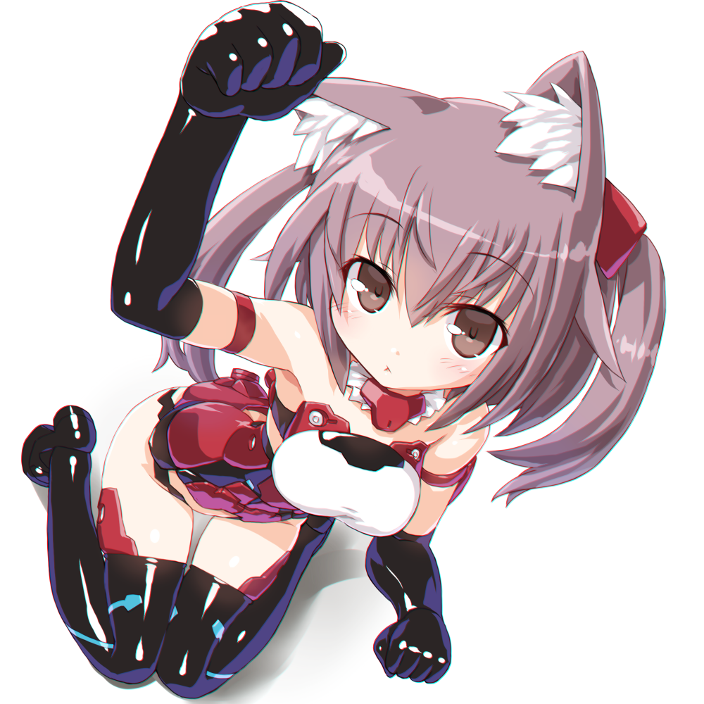 1girl animal_ears bangs bare_shoulders blush breasts cat_ears dd_(ijigendd) detached_collar elbow_gloves eyebrows_visible_through_hair frame_arms_girl gloves headgear innocentia long_hair looking_at_viewer solo thigh-highs twintails white_background