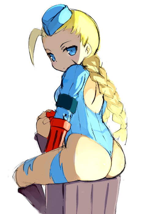 1girl ahoge ass backless_outfit blonde_hair blue_eyes blue_hat blue_leotard boots braid braids breasts brown_footwear butt_crack cammy_white curvy facial_mark female fingerless_gloves garrison_cap gloves hat highleg highleg_leotard hips knee_boots kurasuke leotard long_hair long_sleeves looking_at_viewer looking_back low_twintails red_gloves ribbed_leotard simple_background sitting solo street_fighter street_fighter_zero_(series) thighs thong_leotard twin_braids twintails very_long_hair white_background