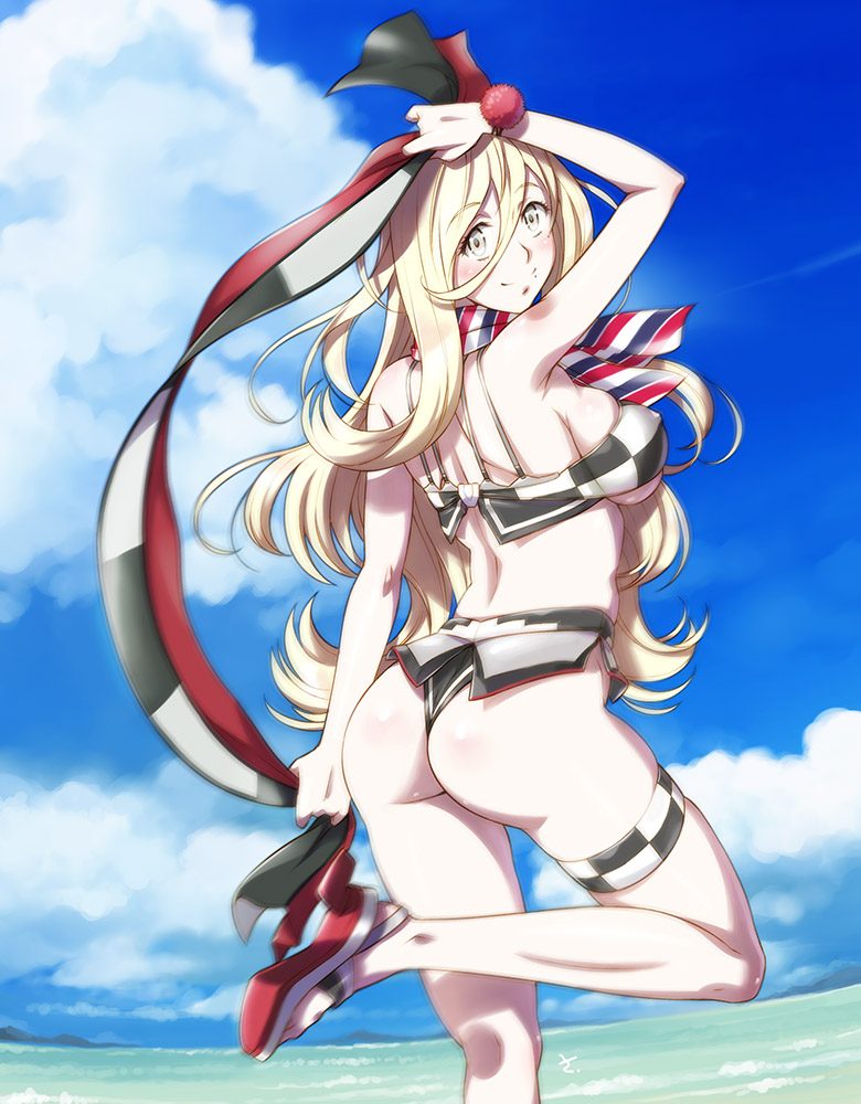 1girl arm_up ass bikini blonde_hair blurry blush breasts checkered checkered_bikini closed_mouth clouds covered_nipples day depth_of_field eyebrows_visible_through_hair from_behind hair_between_eyes head_tilt holding kantai_collection kneepits large_breasts leg_up long_hair looking_back outdoors richelieu_(kantai_collection) sameha_ikuya sandals sky smile solo standing swimsuit thigh_strap very_long_hair water yellow_eyes