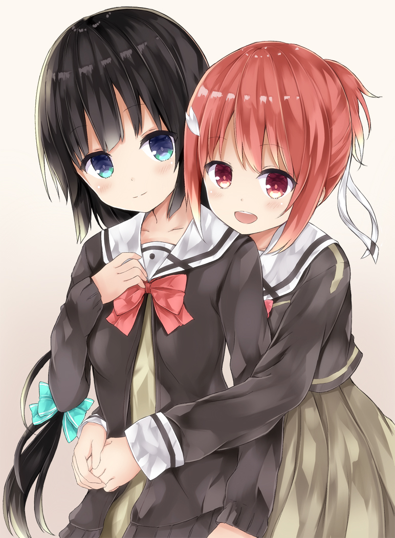 2girls :d bangs beige_background black_hair blue_bow blue_eyes blush bow bowtie breasts brown_cardigan brown_dress brown_hair brown_shirt brown_skirt cardigan closed_mouth commentary_request dress eyebrows_visible_through_hair hair_bow hair_ribbon head_tilt high_ponytail long_hair low_ponytail mizumidori multiple_girls nail_polish open_cardigan open_clothes open_mouth pink_nails pleated_skirt red_eyes ribbon school_uniform serafuku shirt short_ponytail simple_background skirt small_breasts smile tougou_mimori upper_teeth very_long_hair white_ribbon yuuki_yuuna yuuki_yuuna_wa_yuusha_de_aru yuusha_de_aru