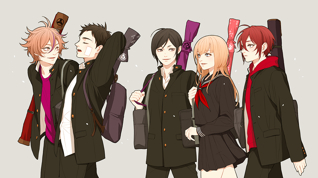 5boys atsushi_toushirou backpack bag bandage_on_face black_hair blonde_hair blue_eyes brown_eyes brown_hair closed_eyes gakuran gotou_toushirou male_focus midare_toushirou multiple_boys open_mouth pleated_skirt redhead school_bag school_uniform serafuku shinano_toushirou skirt smile touken_ranbu trap twoframe violet_eyes walking yagen_toushirou