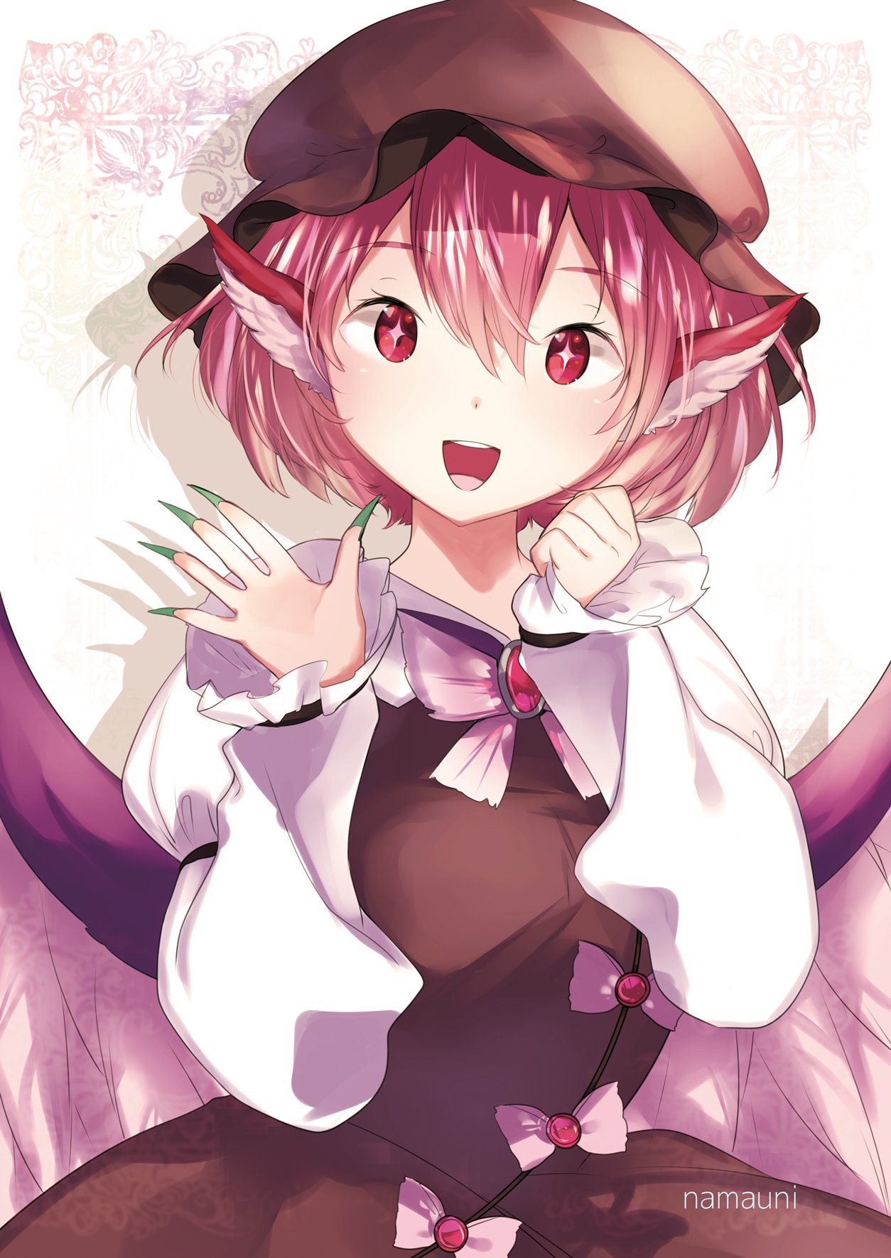 +_+ 1girl animal_ears bird_wings brooch brown_dress brown_hat dress fingernails green_nails hair_between_eyes hands_up hat highres jewelry long_fingernails long_sleeves looking_at_viewer mystia_lorelei nail_polish namauni open_mouth pink_hair puffy_long_sleeves puffy_sleeves red_eyes sharp_fingernails shiny shiny_hair simple_background smile solo touhou upper_body waving white_background wings