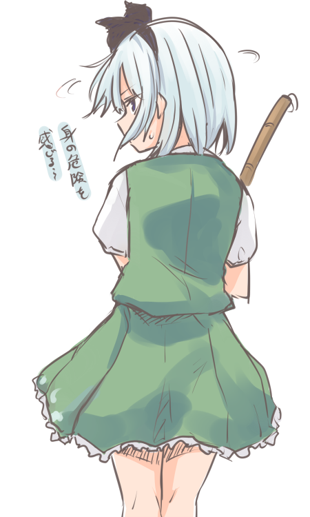 1girl black_bow black_eyes blue_hair bow broom cowboy_shot from_behind green_skirt hair_bow konpaku_youmu miyo_(ranthath) short_hair short_sleeves simple_background skirt skirt_set solo sweat touhou translation_request white_background