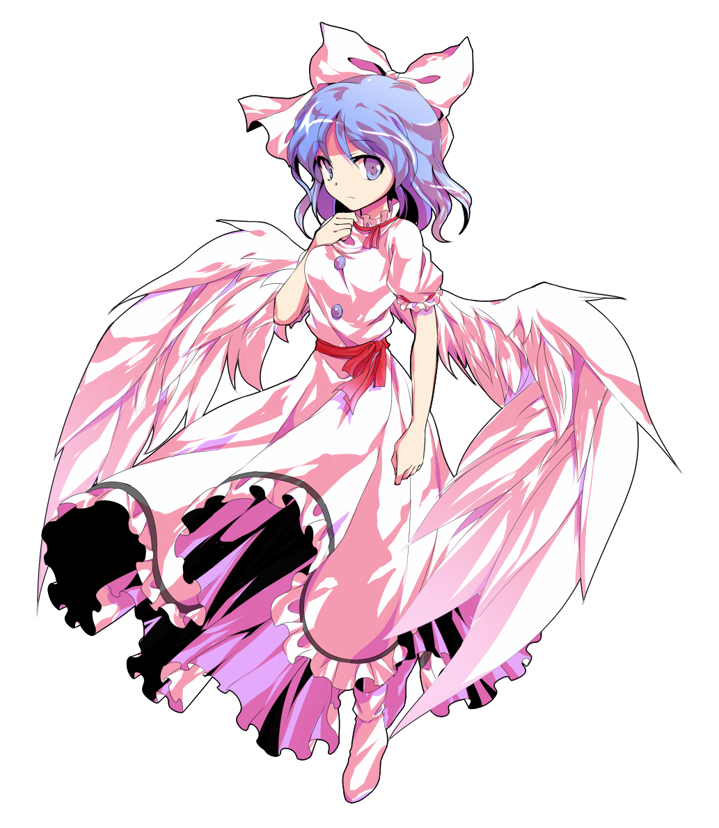 1girl alphes_(style) bangs bare_arms blue_eyes blue_hair bobby_socks bow breasts closed_mouth dairi dress eyebrows eyebrows_visible_through_hair feathered_wings feathers frilled_dress frills frown full_body hair_bow mai_(touhou) medium_breasts parody puffy_short_sleeves puffy_sleeves red_bow short_hair short_sleeves simple_background smile socks solo style_parody touhou touhou_(pc-98) transparent_background v-shaped_eyebrows white_bow white_dress white_legwear white_wings wings