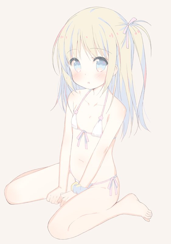 1girl barefoot bikini blonde_hair blue_eyes flat_chest long_hair meito_(maze) navel original ribbon scrunchie side-tie_bikini side_ponytail simple_background sitting sketch solo swimsuit white_background white_bikini wrist_scrunchie