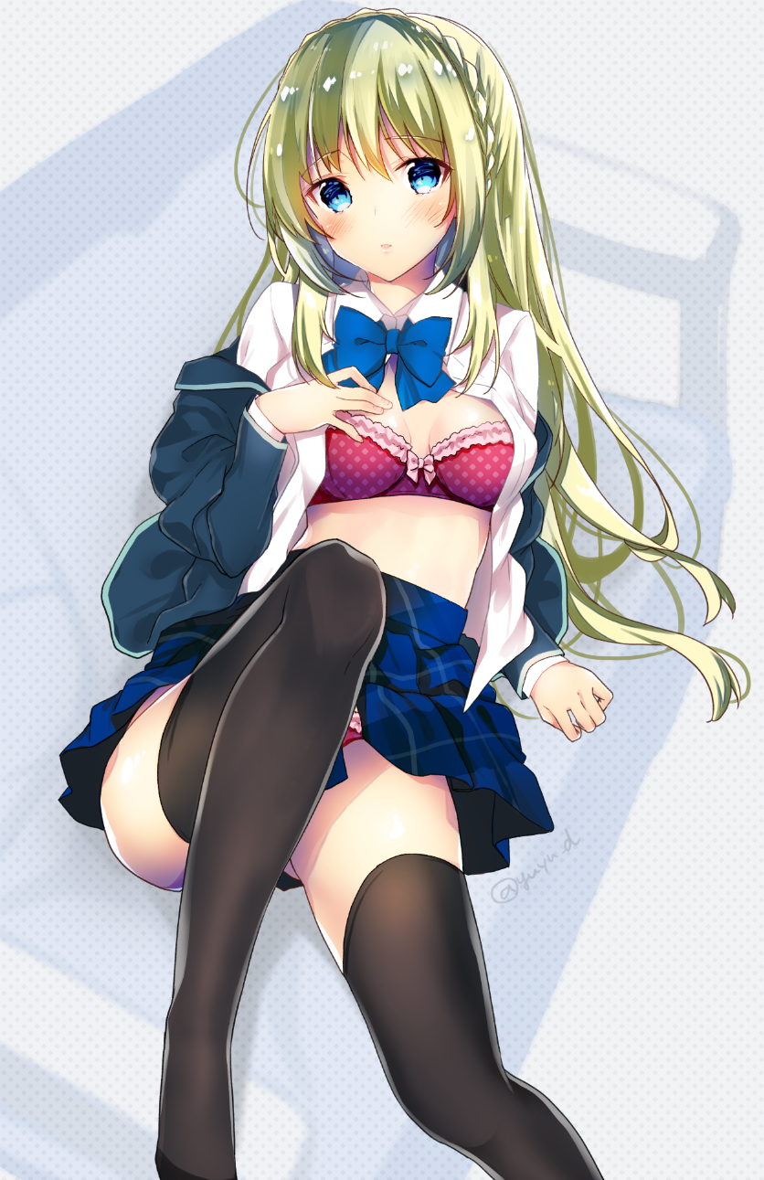 1girl bangs black_legwear blue_bow blue_eyes blue_jacket blue_neckwear blue_skirt blush bow bow_bra bowtie bra braid breasts collared_shirt commentary_request dotted_background eyebrows_visible_through_hair green_hair hand_on_own_chest highres jacket long_hair long_sleeves looking_at_viewer no_shoes off_shoulder open_clothes open_jacket open_shirt original panties pantyshot pantyshot_(sitting) parted_lips pink_bow pink_bra pink_panties pleated_skirt school_uniform shirt sitting skirt small_breasts solo thigh-highs underwear very_long_hair white_shirt yu_yu
