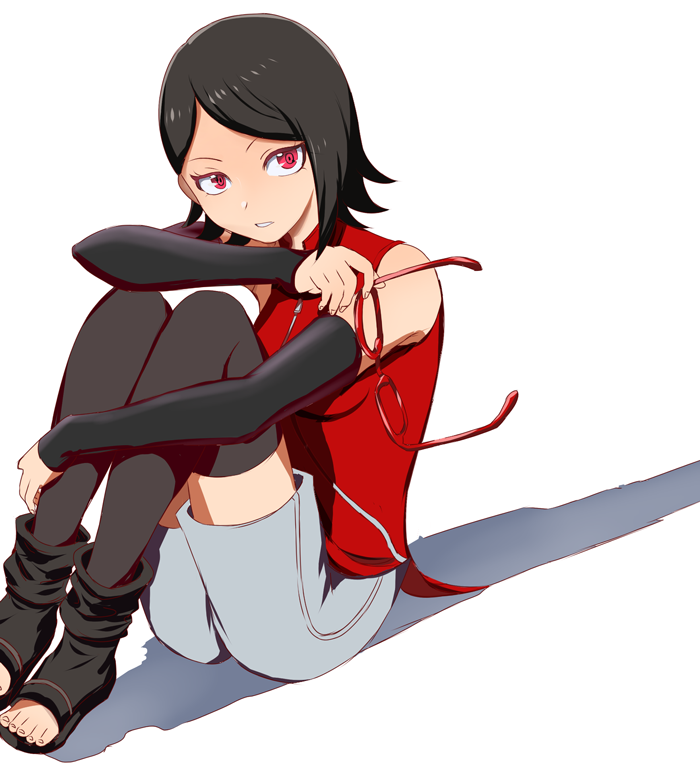 1girl bangs black_legwear boruto:_naruto_next_generations boruto:_naruto_the_movie detached_sleeves eyewear_removed glasses leg_hug looking_to_the_side naruto niwa_yuu open_toe_shoes parted_lips red_eyes shadow sharingan short_hair shorts simple_background sitting solo swept_bangs thigh-highs uchiha_sarada