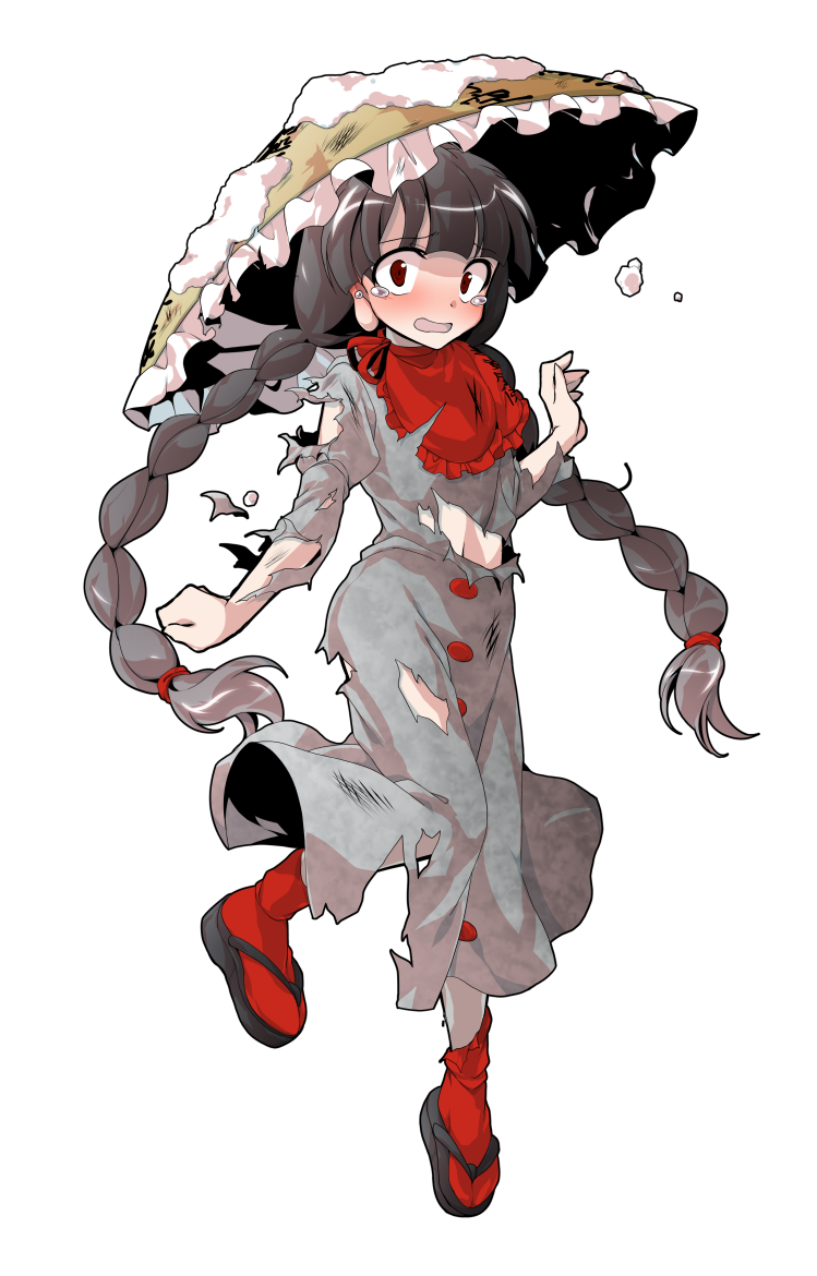 1girl ajirogasa alphes_(style) bangs black_hair buttons capelet clothes_writing dairi damaged dress eyebrows eyebrows_visible_through_hair frilled_capelet frilled_hat frills full_body grey_dress hair_tie hat knees_together_feet_apart long_hair long_sleeves navel open_mouth parody red_capelet red_eyes red_legwear red_ribbon ribbon simple_background snow socks solo style_parody tabi tareme torn_clothes torn_dress torn_sleeves touhou transparent_background yatadera_narumi