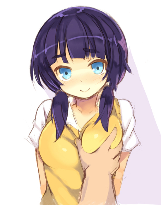 1boy 1girl bangs blue_eyes blush breast_grab breasts closed_mouth collarbone eyebrows_visible_through_hair grabbing head_tilt hetero kurasuke long_hair looking_at_viewer low_twintails medium_breasts original out_of_frame purple_hair shirt short_sleeves smile solo_focus sweater_vest twintails white_background white_shirt