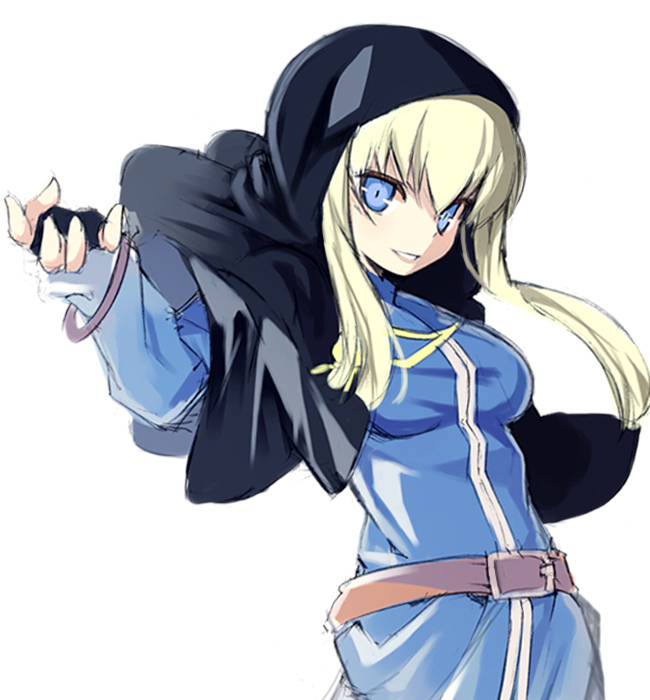 1girl bangs belt_buckle black_cape black_gloves blonde_hair blue_dress blue_eyes breasts brown_belt buckle cape copyright_request dress fingerless_gloves fingernails gloves goenitz hair_between_eyes hooded_cape kurasuke long_hair looking_at_viewer looking_to_the_side medium_breasts midnight_bliss parted_lips simple_background smile solo svc_chaos the_king_of_fighters the_king_of_fighters_'96 white_background