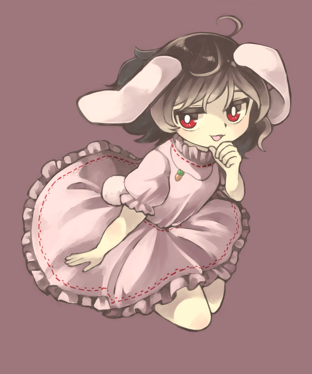 1girl :3 :d animal_ears bright_pupils brown_hair carrot_necklace commentary_request full_body hand_on_own_chin highres inaba_tewi jewelry looking_at_viewer necklace open_mouth puffy_short_sleeves puffy_sleeves purple_background rabbit_ears red_eyes sasa_kichi short_hair short_sleeves simple_background smile solo touhou