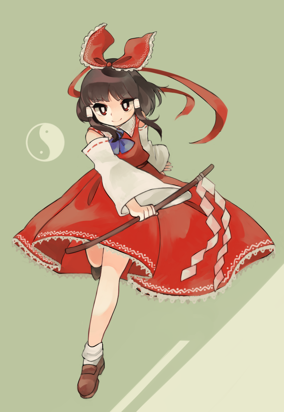 1girl ascot blue_neckwear brown_footwear brown_hair closed_mouth commentary_request detached_sleeves eyebrows_visible_through_hair hair_ribbon hakurei_reimu highres holding looking_at_viewer red_eyes red_ribbon red_skirt red_vest ribbon sasa_kichi shoes short_hair skirt smile solo standing standing_on_one_leg touhou v-shaped_eyebrows vest yin_yang