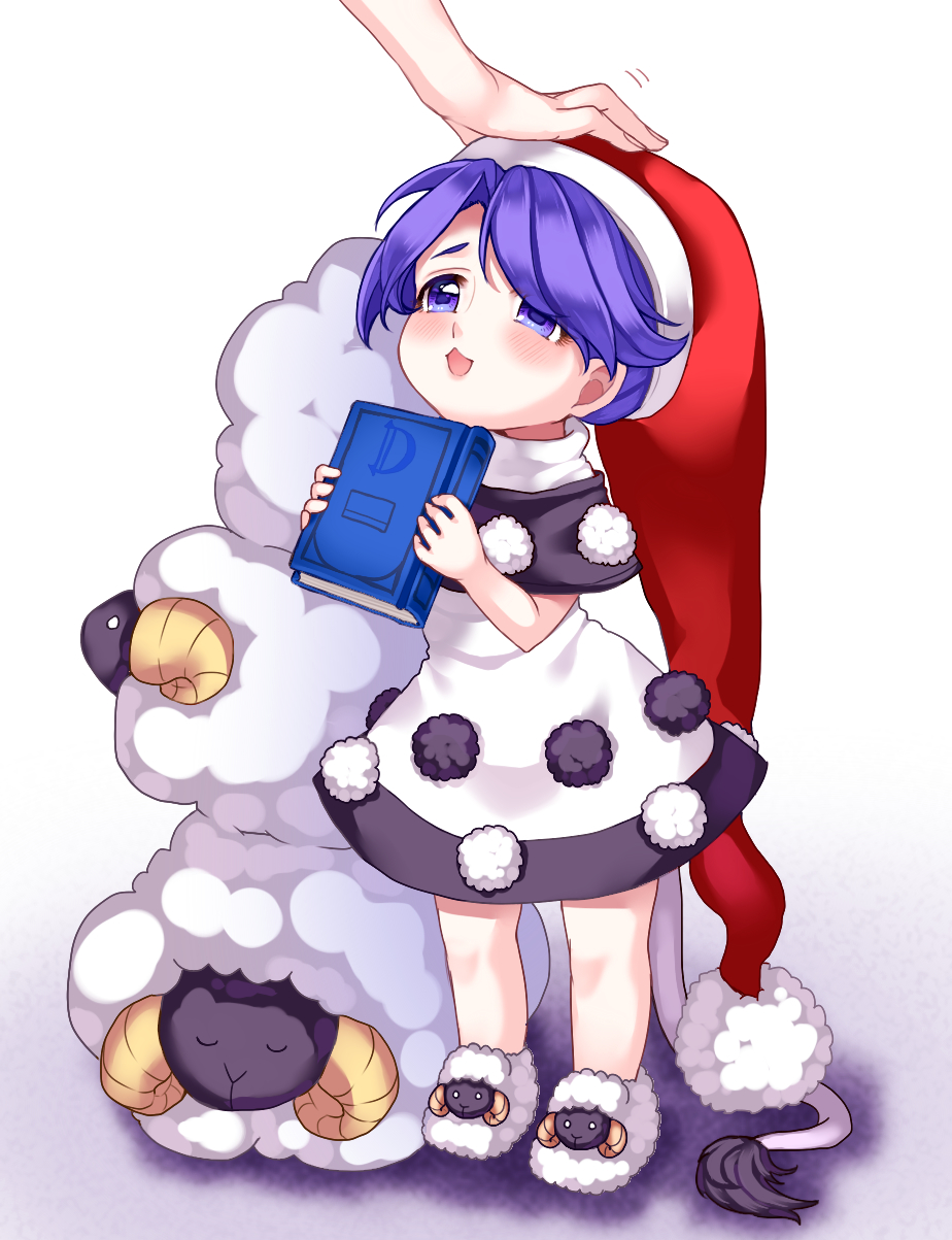 1girl :3 animal antinomy_of_common_flowers black_dress blue_eyes blue_hair book capelet doremy_sweet dress full_body hat highres holding holding_book looking_up nightcap out_of_frame petting pom_pom_(clothes) satomachi sheep simple_background slippers smile solo_focus standing tail tapir_tail touhou white_background younger