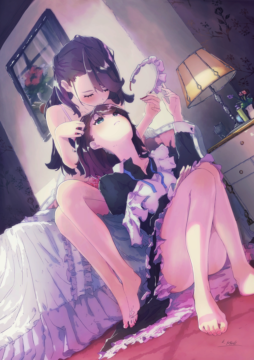 2girls apron bangs bare_arms bare_legs bare_shoulders barefoot bed bedroom black_dress black_hair blush brown_hair camisole closed_eyes closed_mouth collarbone commentary_request dress dutch_angle feet frilled_dress frilled_skirt frills green_eyes highres indoors kagawa_yuusaku kiss lamp long_hair long_sleeves looking_at_another looking_up maid maid_headdress multiple_girls nail_polish off_shoulder on_bed on_floor original painting_(object) parted_lips picture_frame pink_camisole pink_nails signature sitting skirt toenails toes white_apron yuri