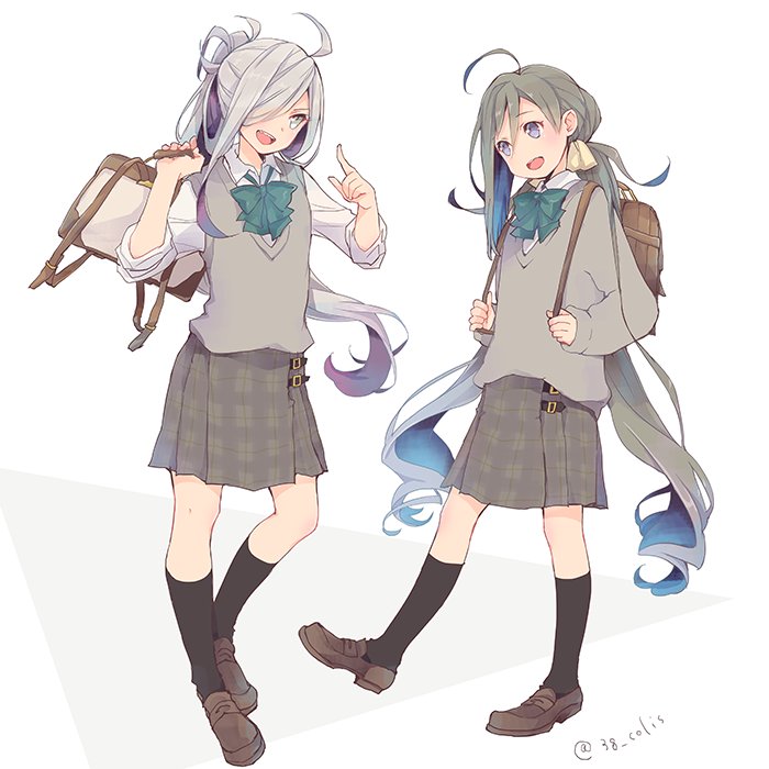 2girls ahoge alternate_costume asashimo_(kantai_collection) bag black_legwear blue_hair bow colis full_body green_bow grey_eyes grey_hair grey_skirt grey_sweater hair_between_eyes hair_bun hair_over_one_eye kantai_collection kiyoshimo_(kantai_collection) loafers long_hair low_twintails multiple_girls plaid plaid_skirt pleated_skirt ponytail school_bag school_uniform shoes silver_hair simple_background skirt standing sweater_vest twintails upper_teeth white_background