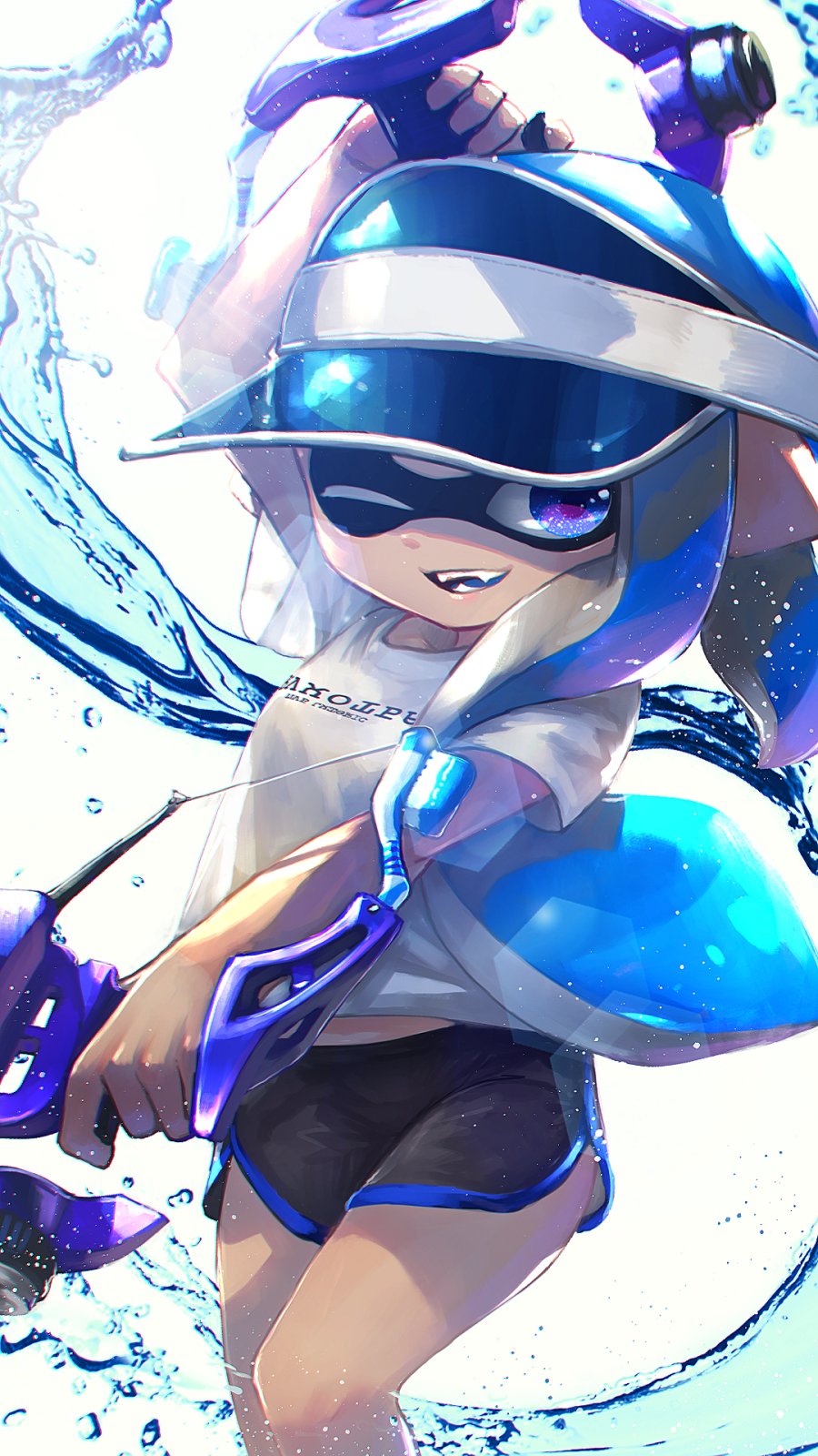 1girl ;d arm_up black_shorts blue_eyes blue_hair clothes_writing commentary_request dapple_dualies_(splatoon) domino_mask dual_wielding fangs finger_on_trigger gun highres holding holding_gun holding_weapon inkling inkling_(language) kashu_(hizake) lens_flare light_rays long_hair looking_at_viewer mask monster_girl one_eye_closed one_leg_raised open_mouth outstretched_arm pointy_ears shirt short_shorts short_sleeves shorts simple_background smile solo splatoon splatoon_2 standing t-shirt tentacle_hair visor_cap water weapon white_background