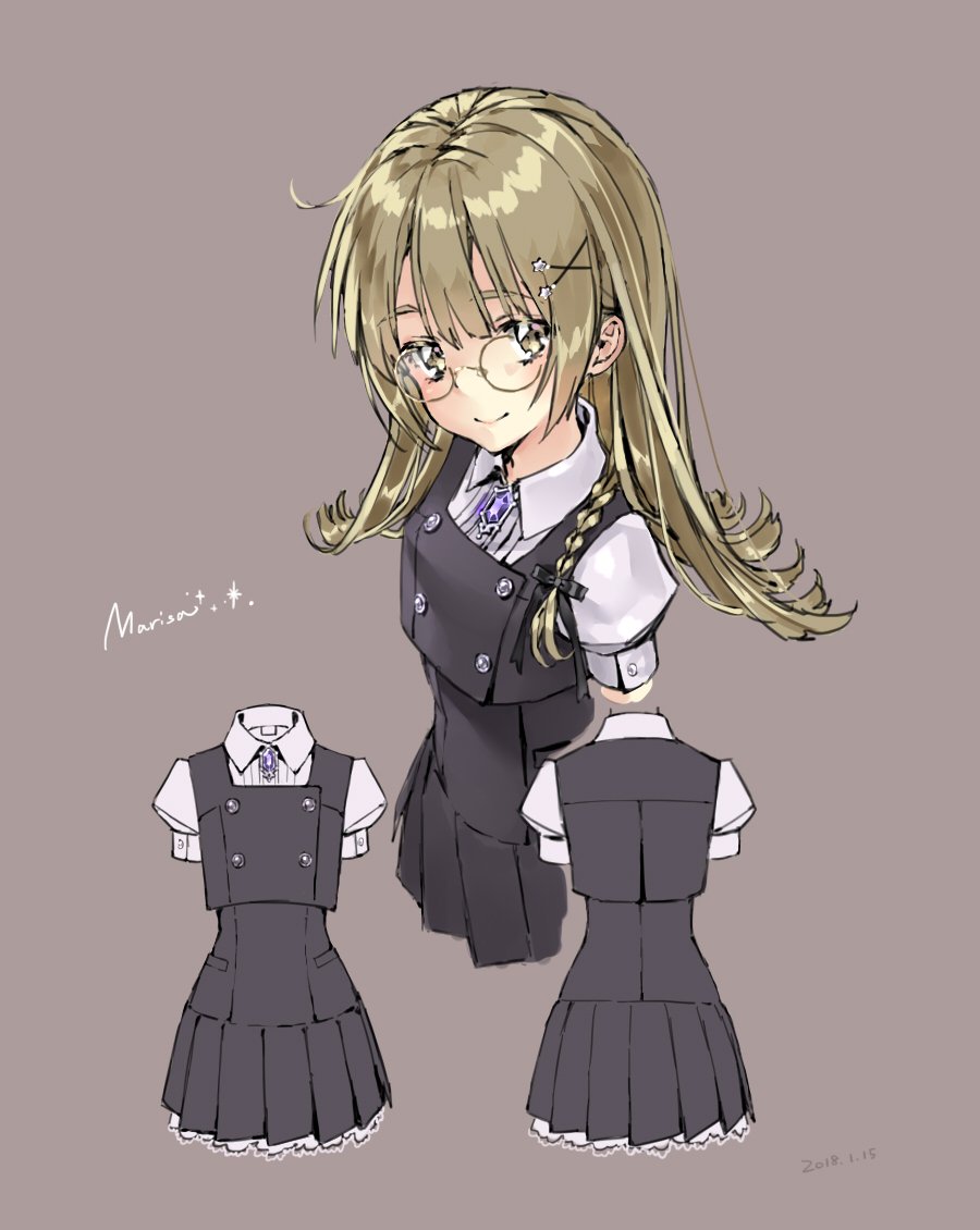1girl adapted_costume bangs bespectacled black_bow blonde_hair bow braid buttons character_name dress glasses grey_background hair_bow hair_ornament jewelry jiinyo_(awamoe1207) kirisame_marisa long_hair looking_at_viewer necklace puffy_short_sleeves puffy_sleeves round_eyewear school_uniform shiny shiny_hair short_sleeves side_braid simple_background single_braid smile solo star star_hair_ornament thick_eyebrows touhou x_hair_ornament yellow_eyes