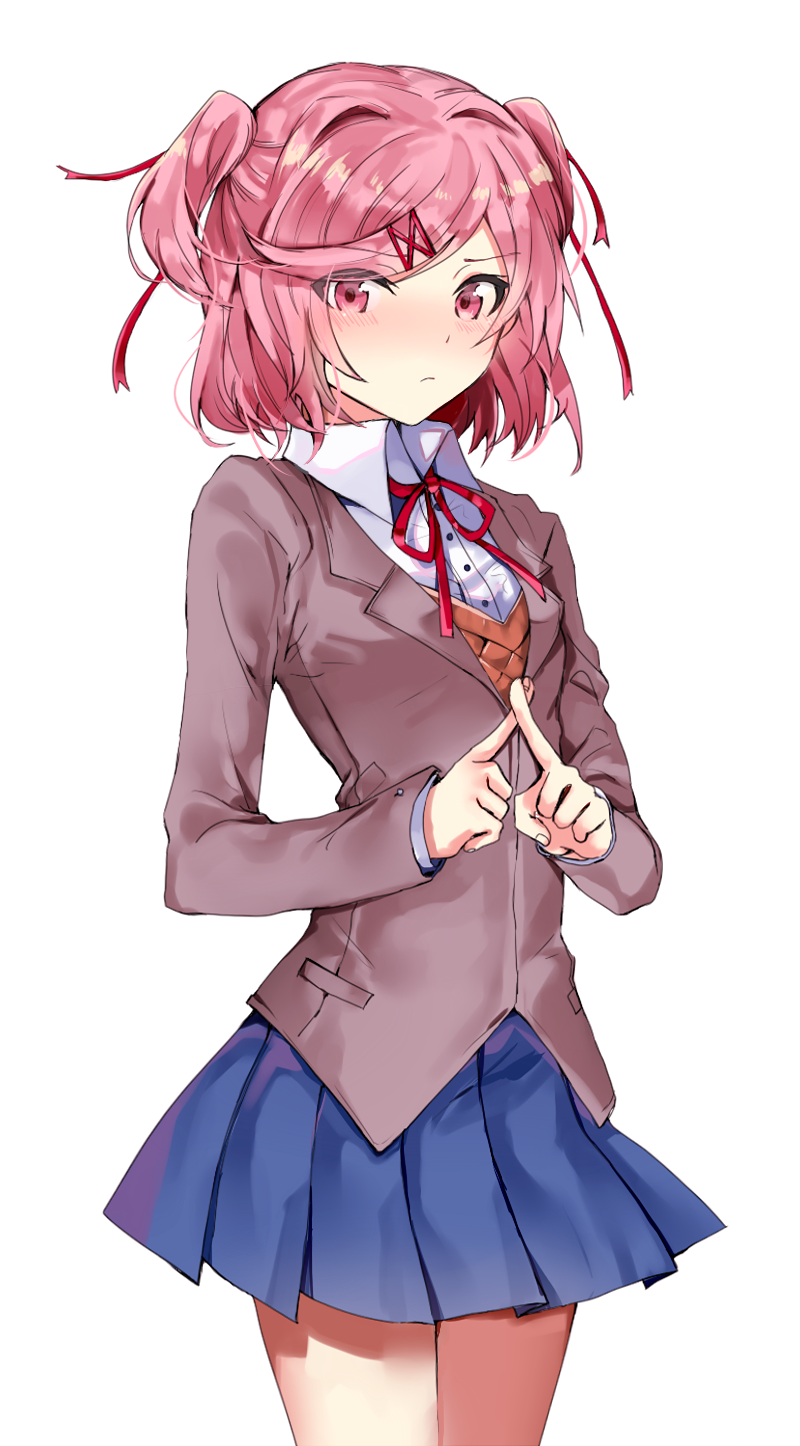 1girl bangs blue_skirt blush breasts closed_mouth collared_shirt commentary doki_doki_literature_club eyebrows_visible_through_hair fingers_together frown grey_jacket hair_ornament hairclip highres jacket long_sleeves looking_at_viewer natsuki_(doki_doki_literature_club) pink_eyes pink_hair red_neckwear retto ribbon school_uniform shirt skirt small_breasts solo standing swept_bangs two_side_up vest white_shirt